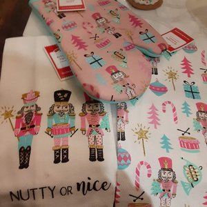 Pastel Nutcracker Oven Mitt and Two Dish Towels